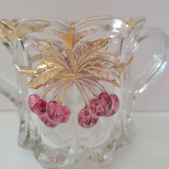 Vintage Mosser Clear Glass Sugar Bowl With Gold Trim & Pink Cherry Design - Picture 2 of 7